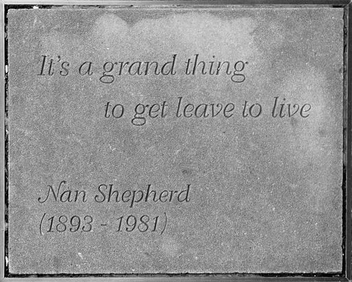 Nan Shepherd's slab on Makars' Court next to the Scottish Writers' Museum in Lady Stair's Close, Edinburgh, Scotland.  The quotation is taken from The Quarry Wood (1928).  Courtesy of wikimedia commons.